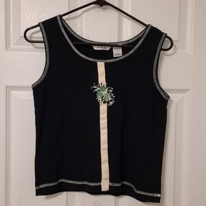 Natalie & me sz M, sleeveless black tank w/ vertical stripes and floral buttons